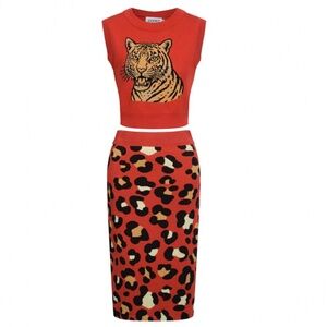 OXKNIT RED VINTAGE TIGER KNIT TOP AND SKIRT SET